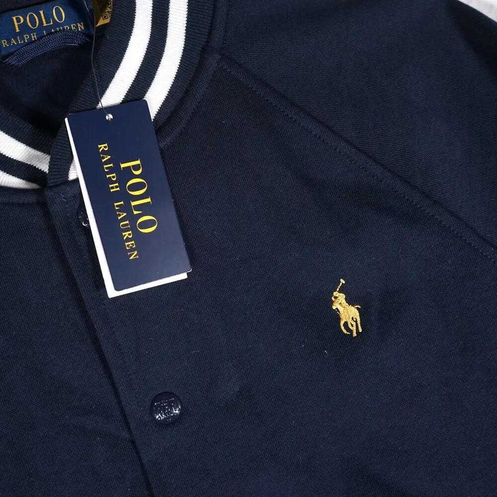 Polo Ralph Lauren Varsity Baseball Jacket Snap Button Navy Blue White Mens Small